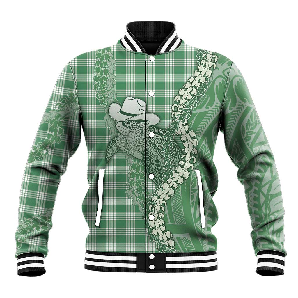 Green Hawaii Palaka Cowboy Turtle Baseball Jacket Hawaiian Paniolo Puakenikeni Maile Lei - Polynesian Pride