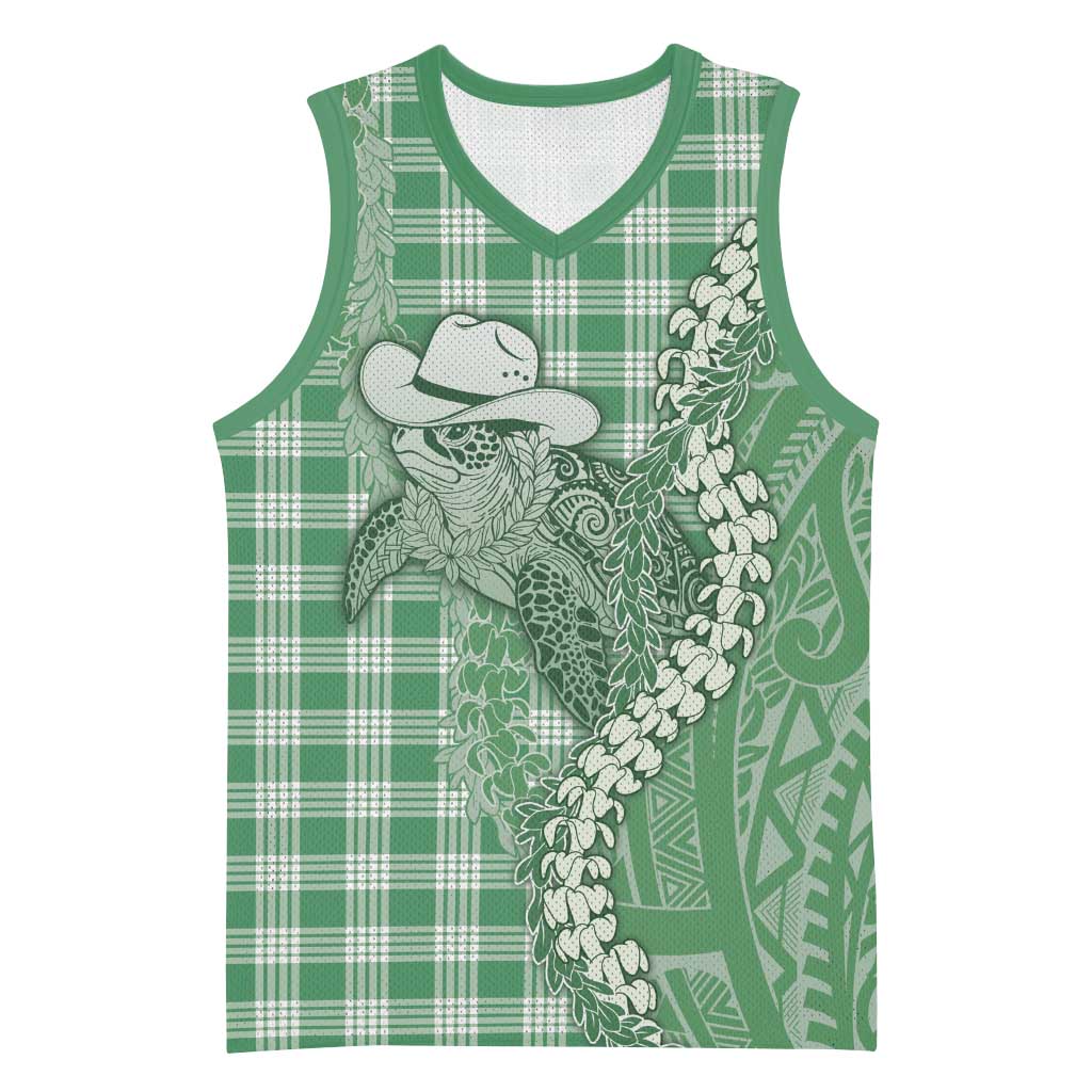 Green Hawaii Palaka Cowboy Turtle Basketball Jersey Hawaiian Paniolo Puakenikeni Maile Lei - Polynesian Pride