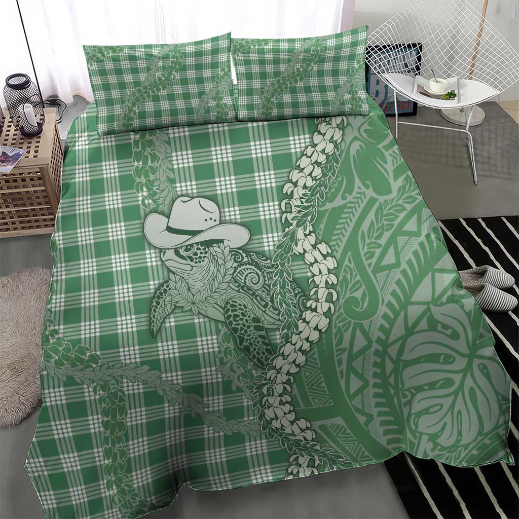 Green Hawaii Palaka Cowboy Turtle Bedding Set Hawaiian Paniolo Puakenikeni Maile Lei - Polynesian Pride
