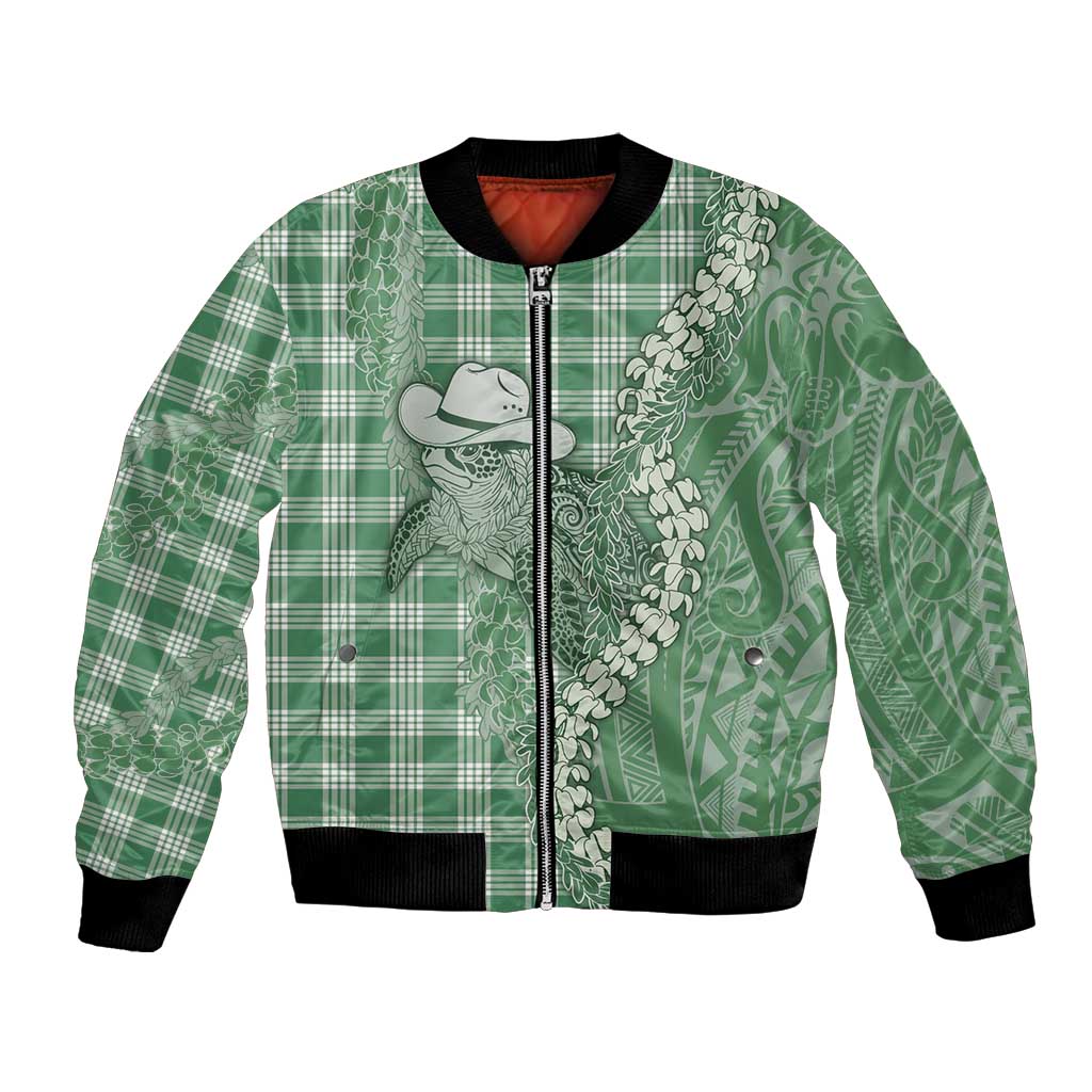 Green Hawaii Palaka Cowboy Turtle Bomber Jacket Hawaiian Paniolo Puakenikeni Maile Lei - Polynesian Pride