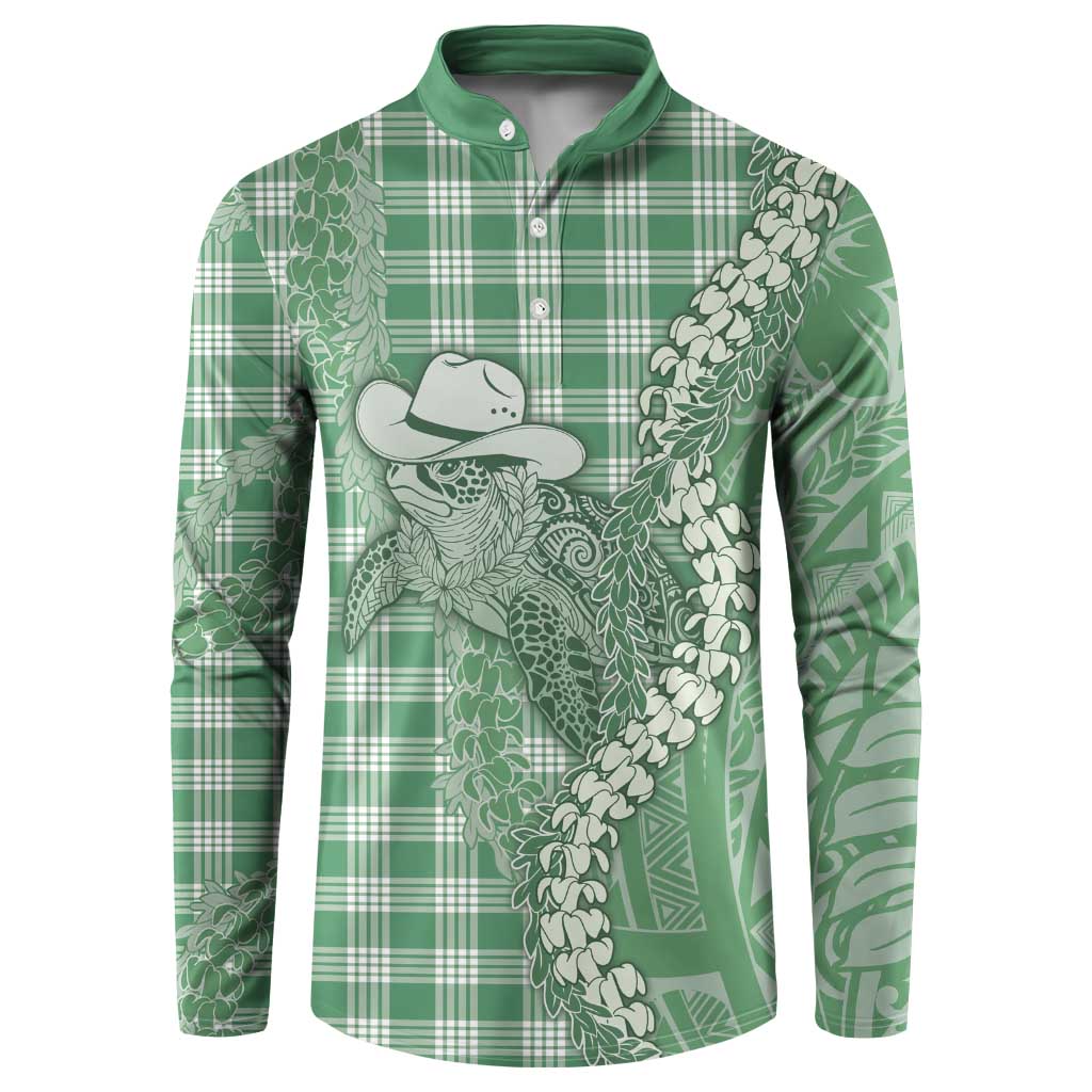 Green Hawaii Palaka Cowboy Turtle Button Sweatshirt Hawaiian Paniolo Puakenikeni Maile Lei - Polynesian Pride