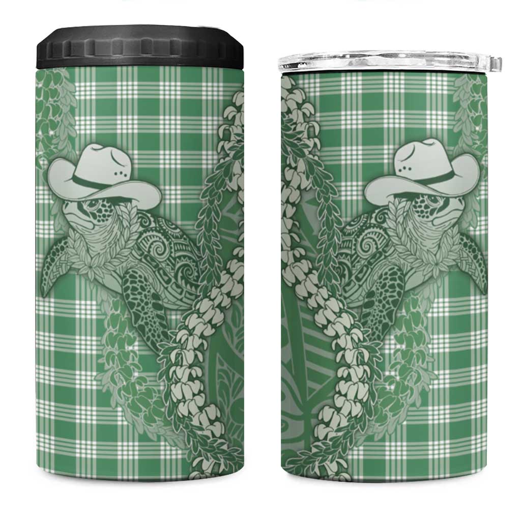 Green Hawaii Palaka Cowboy Turtle 4 in 1 Can Cooler Tumbler Hawaiian Paniolo Puakenikeni Maile Lei - Polynesian Pride