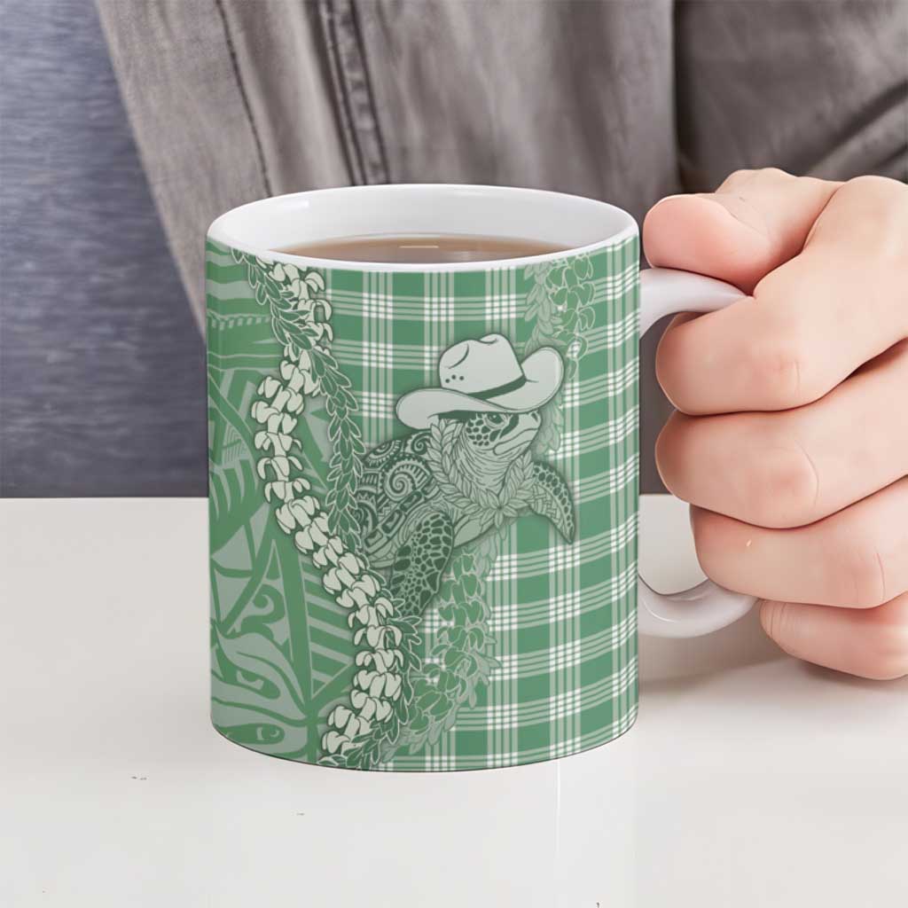 Green Hawaii Palaka Cowboy Turtle Ceramic Mug Hawaiian Paniolo Puakenikeni Maile Lei - Polynesian Pride