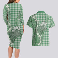 Green Hawaii Palaka Cowboy Turtle Couples Matching Long Sleeve Bodycon Dress and Hawaiian Shirt Hawaiian Paniolo Puakenikeni Maile Lei - Polynesian Pride