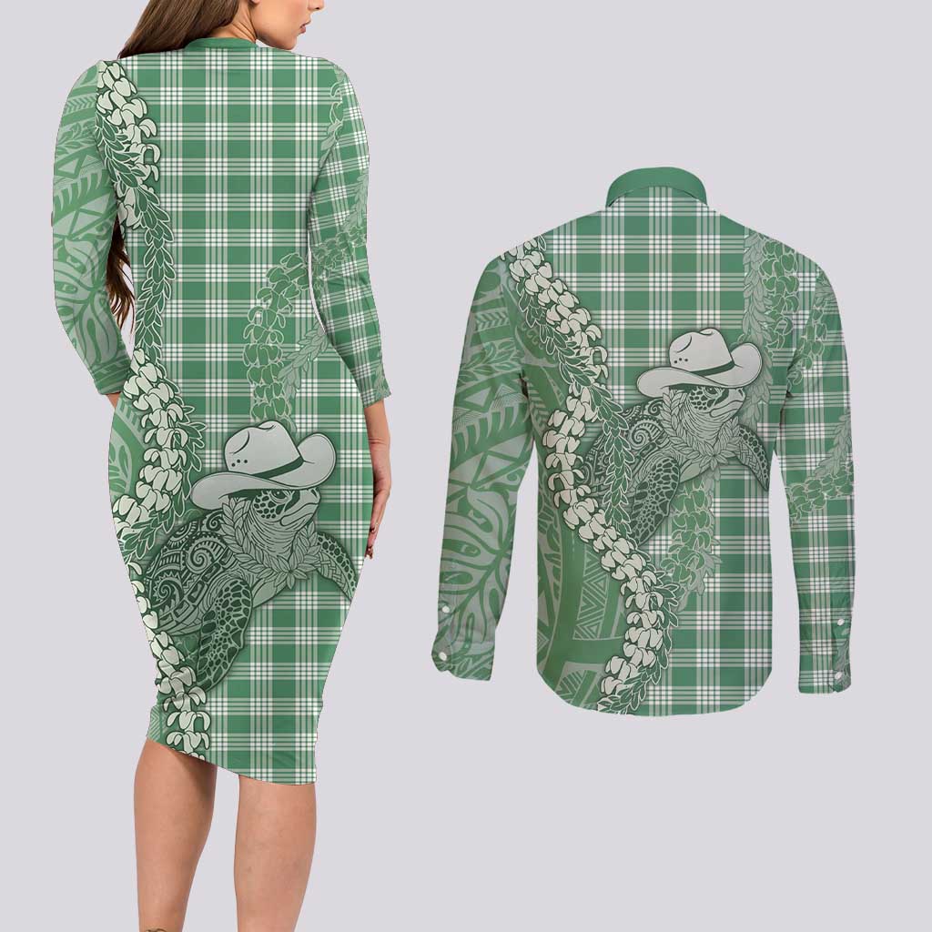 Green Hawaii Palaka Cowboy Turtle Couples Matching Long Sleeve Bodycon Dress and Long Sleeve Button Shirt Hawaiian Paniolo Puakenikeni Maile Lei - Polynesian Pride