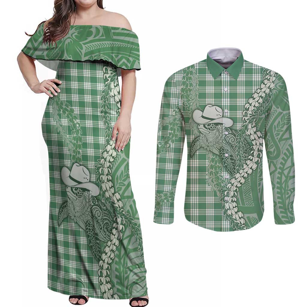 Green Hawaii Palaka Cowboy Turtle Couples Matching Off Shoulder Maxi Dress and Long Sleeve Button Shirt Hawaiian Paniolo Puakenikeni Maile Lei - Polynesian Pride