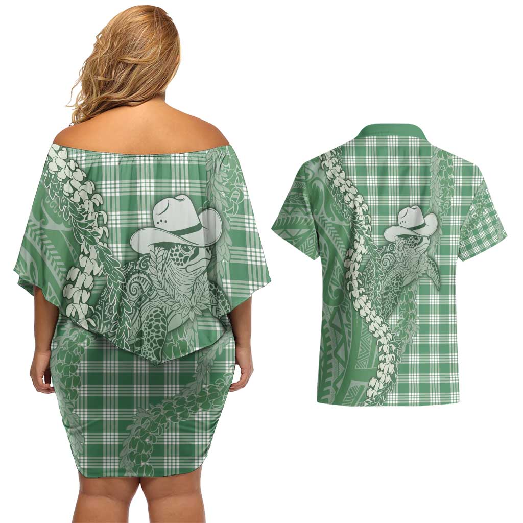 Green Hawaii Palaka Cowboy Turtle Couples Matching Off Shoulder Short Dress and Hawaiian Shirt Hawaiian Paniolo Puakenikeni Maile Lei - Polynesian Pride