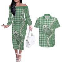 Green Hawaii Palaka Cowboy Turtle Couples Matching Off The Shoulder Long Sleeve Dress and Hawaiian Shirt Hawaiian Paniolo Puakenikeni Maile Lei - Polynesian Pride