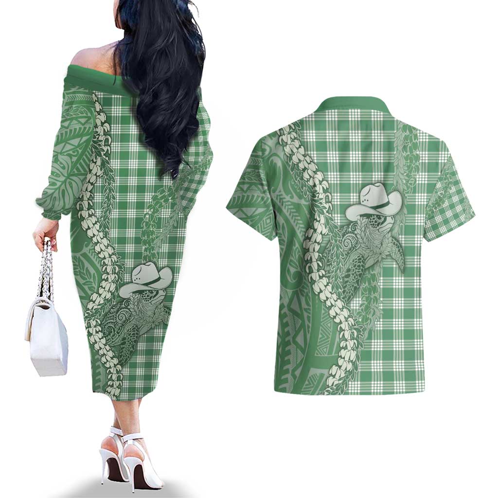 Green Hawaii Palaka Cowboy Turtle Couples Matching Off The Shoulder Long Sleeve Dress and Hawaiian Shirt Hawaiian Paniolo Puakenikeni Maile Lei - Polynesian Pride