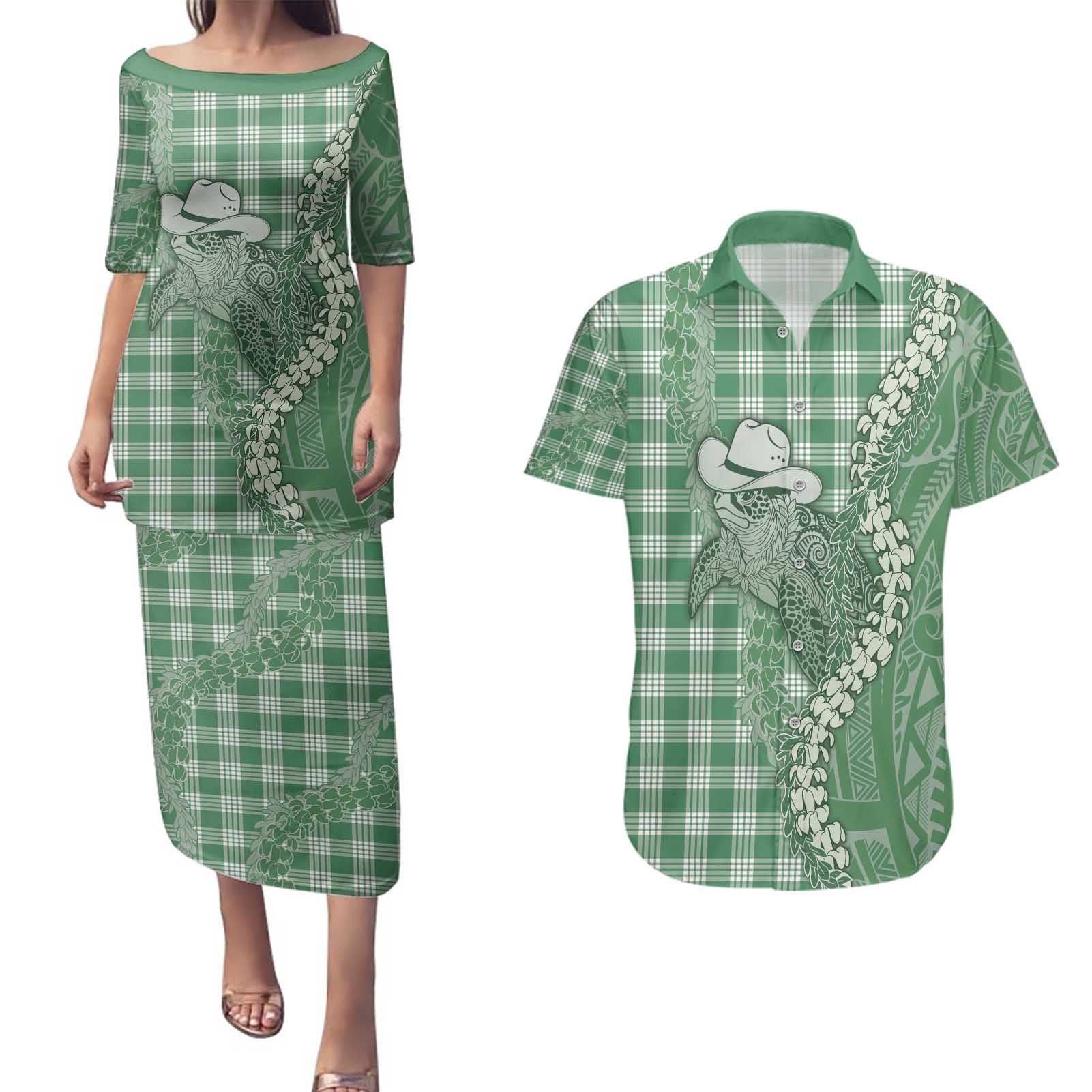 Green Hawaii Palaka Cowboy Turtle Couples Matching Puletasi and Hawaiian Shirt Hawaiian Paniolo Puakenikeni Maile Lei - Polynesian Pride