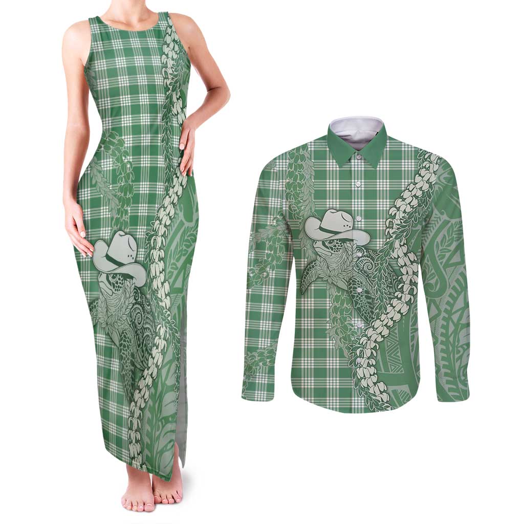Green Hawaii Palaka Cowboy Turtle Couples Matching Tank Maxi Dress and Long Sleeve Button Shirt Hawaiian Paniolo Puakenikeni Maile Lei - Polynesian Pride
