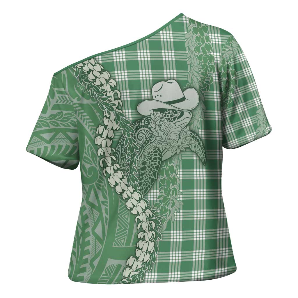 Green Hawaii Palaka Cowboy Turtle Cross Shoulder Shirt Hawaiian Paniolo Puakenikeni Maile Lei - Polynesian Pride
