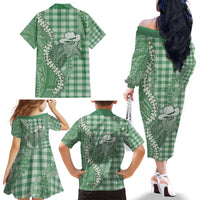 Green Hawaii Palaka Cowboy Turtle Family Matching Off The Shoulder Long Sleeve Dress and Hawaiian Shirt Hawaiian Paniolo Puakenikeni Maile Lei - Polynesian Pride