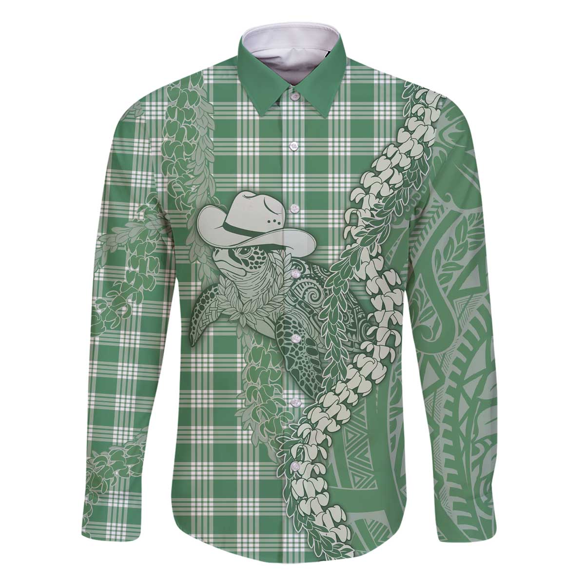 Green Hawaii Palaka Cowboy Turtle Family Matching Off The Shoulder Long Sleeve Dress and Hawaiian Shirt Hawaiian Paniolo Puakenikeni Maile Lei - Polynesian Pride