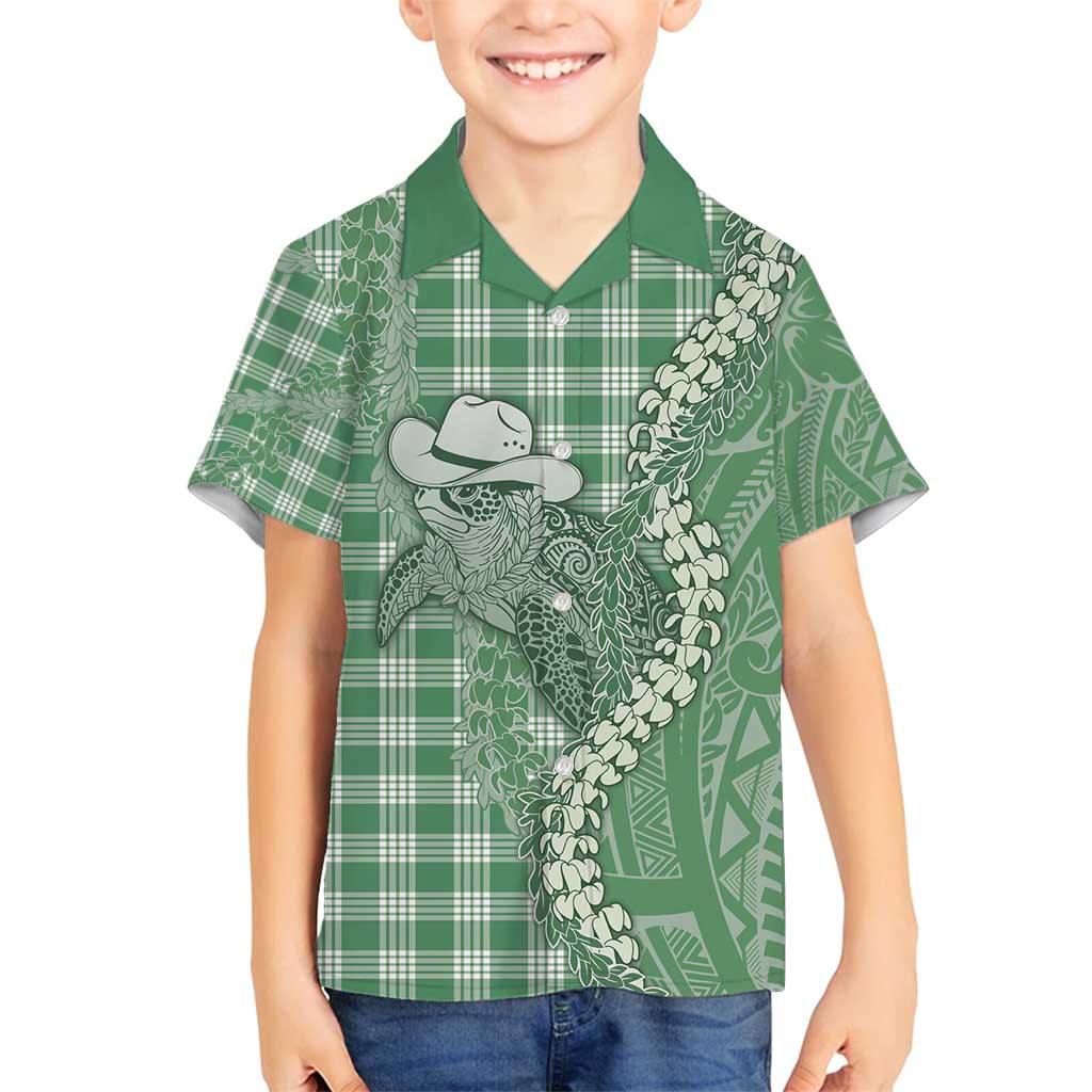 Green Hawaii Palaka Cowboy Turtle Family Matching Off Shoulder Maxi Dress and Hawaiian Shirt Hawaiian Paniolo Puakenikeni Maile Lei - Polynesian Pride