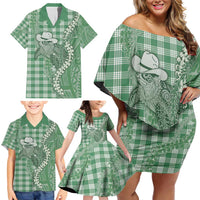 Green Hawaii Palaka Cowboy Turtle Family Matching Off Shoulder Short Dress and Hawaiian Shirt Hawaiian Paniolo Puakenikeni Maile Lei - Polynesian Pride