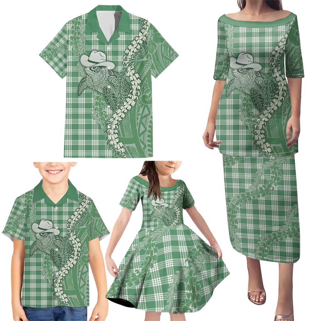 Green Hawaii Palaka Cowboy Turtle Family Matching Puletasi and Hawaiian Shirt Hawaiian Paniolo Puakenikeni Maile Lei - Polynesian Pride