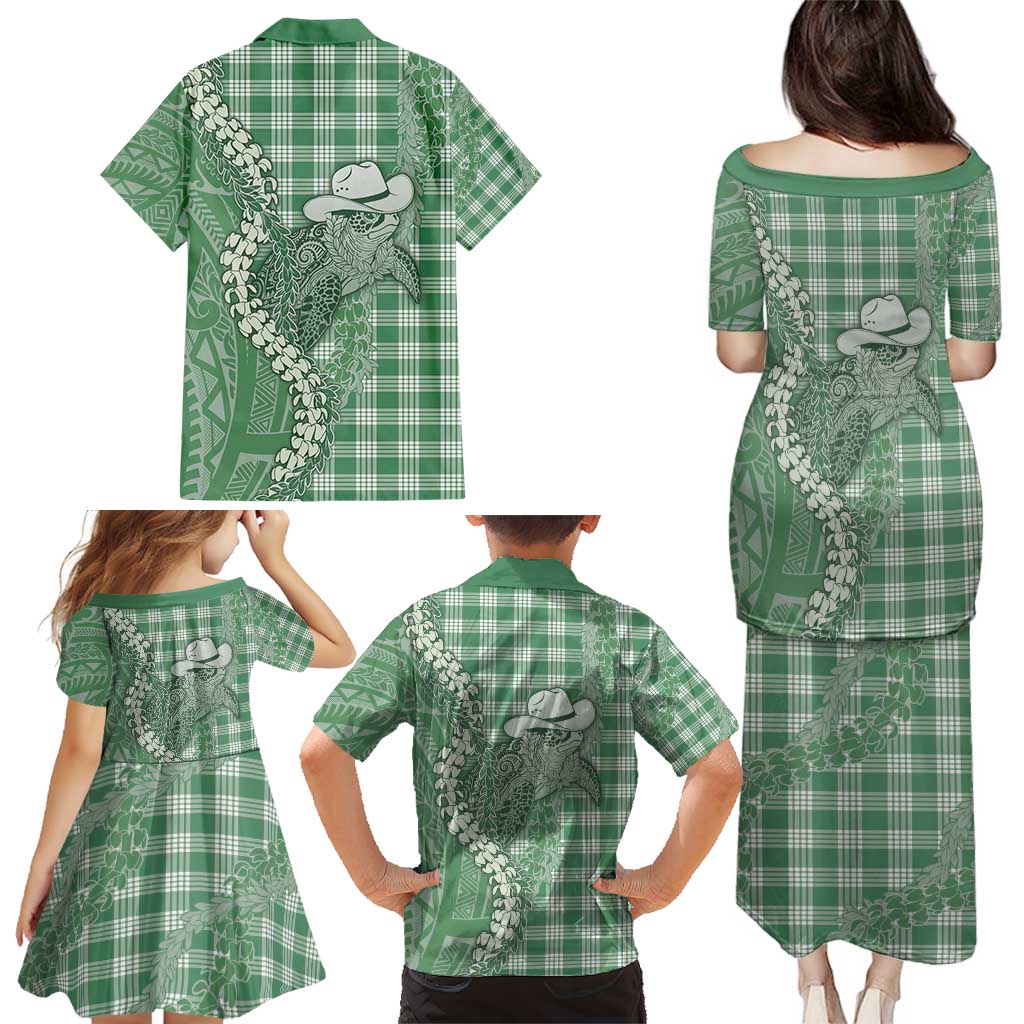 Green Hawaii Palaka Cowboy Turtle Family Matching Puletasi and Hawaiian Shirt Hawaiian Paniolo Puakenikeni Maile Lei - Polynesian Pride