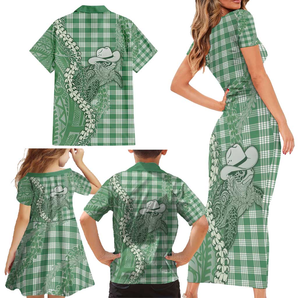 Green Hawaii Palaka Cowboy Turtle Family Matching Short Sleeve Bodycon Dress and Hawaiian Shirt Hawaiian Paniolo Puakenikeni Maile Lei - Polynesian Pride