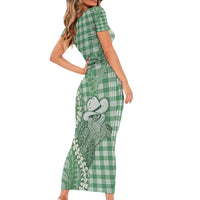 Green Hawaii Palaka Cowboy Turtle Family Matching Short Sleeve Bodycon Dress and Hawaiian Shirt Hawaiian Paniolo Puakenikeni Maile Lei - Polynesian Pride