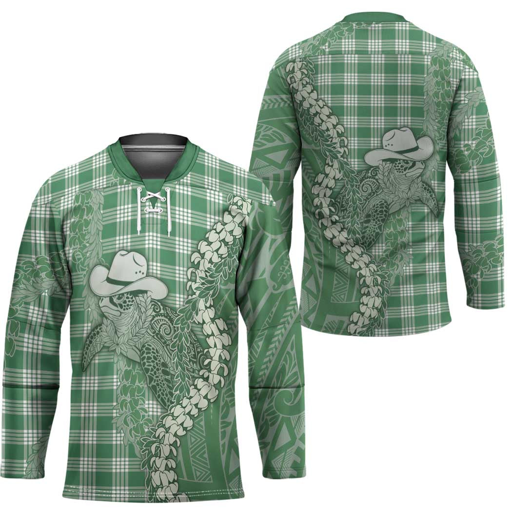 Green Hawaii Palaka Cowboy Turtle Hockey Jersey Hawaiian Paniolo Puakenikeni Maile Lei - Polynesian Pride