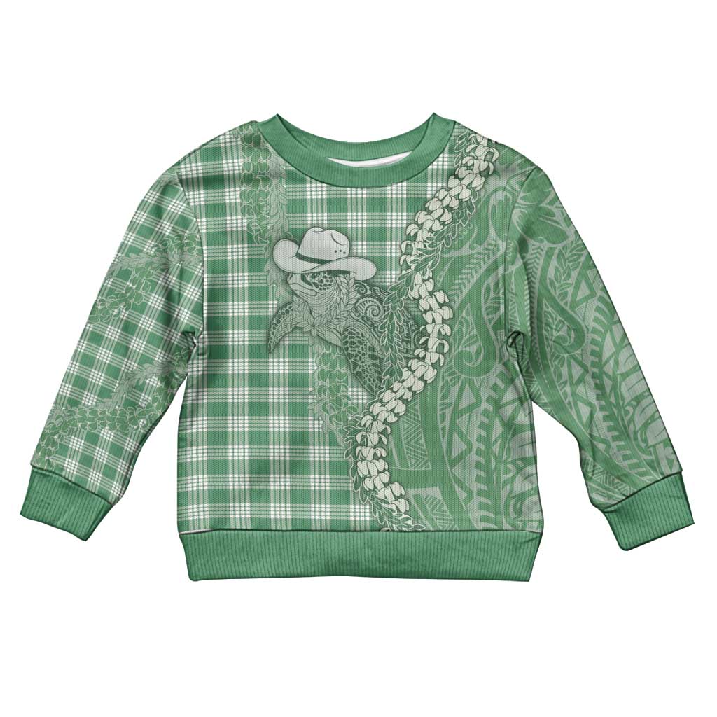 Green Hawaii Palaka Cowboy Turtle Kid Ugly Christmas Sweater Hawaiian Paniolo Puakenikeni Maile Lei - Polynesian Pride