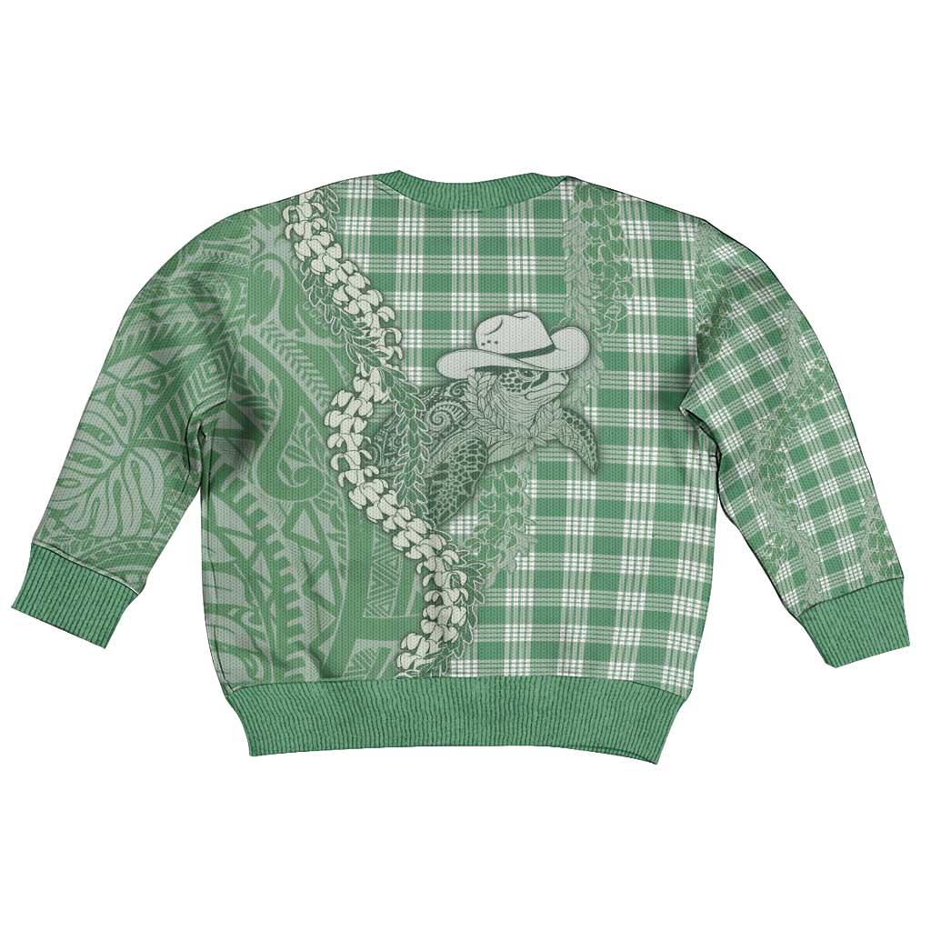 Green Hawaii Palaka Cowboy Turtle Kid Ugly Christmas Sweater Hawaiian Paniolo Puakenikeni Maile Lei - Polynesian Pride
