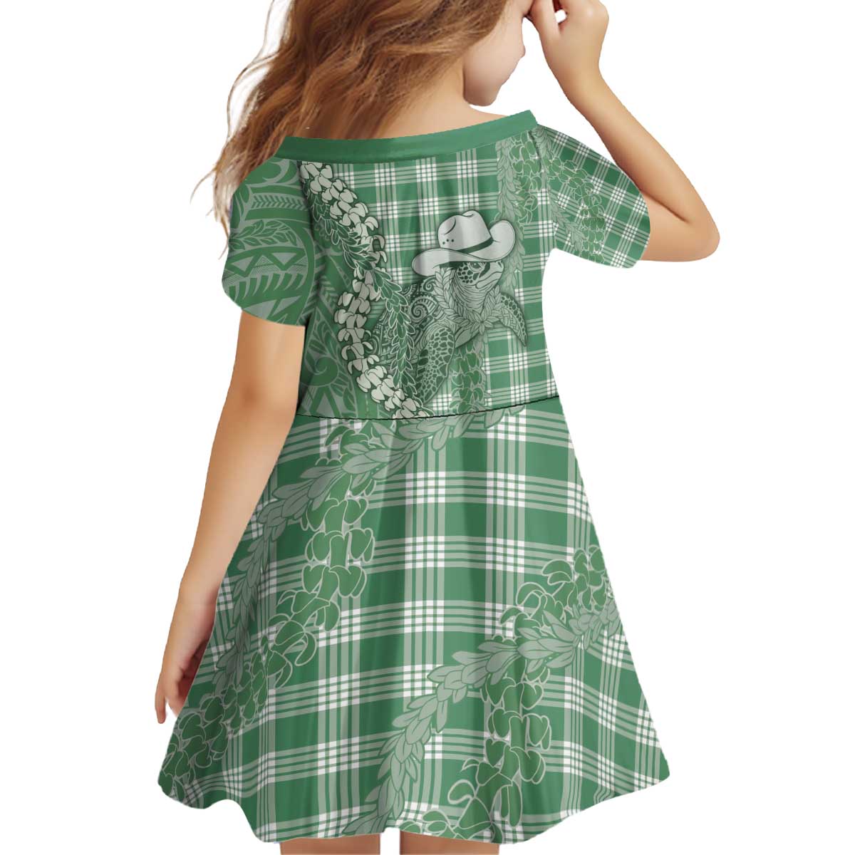 Green Hawaii Palaka Cowboy Turtle Kid Short Sleeve Dress Hawaiian Paniolo Puakenikeni Maile Lei - Polynesian Pride