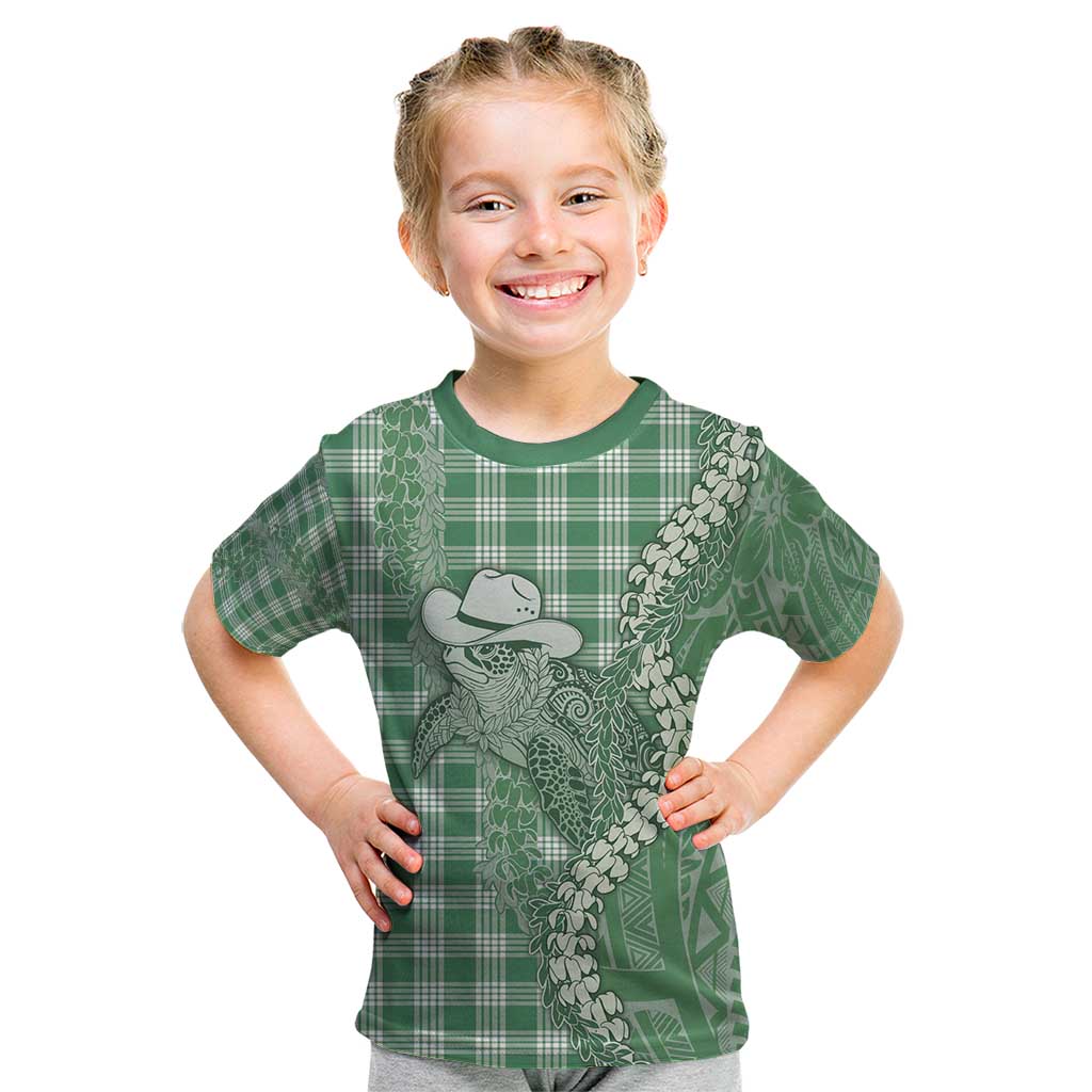 Green Hawaii Palaka Cowboy Turtle Kid T Shirt Hawaiian Paniolo Puakenikeni Maile Lei - Polynesian Pride