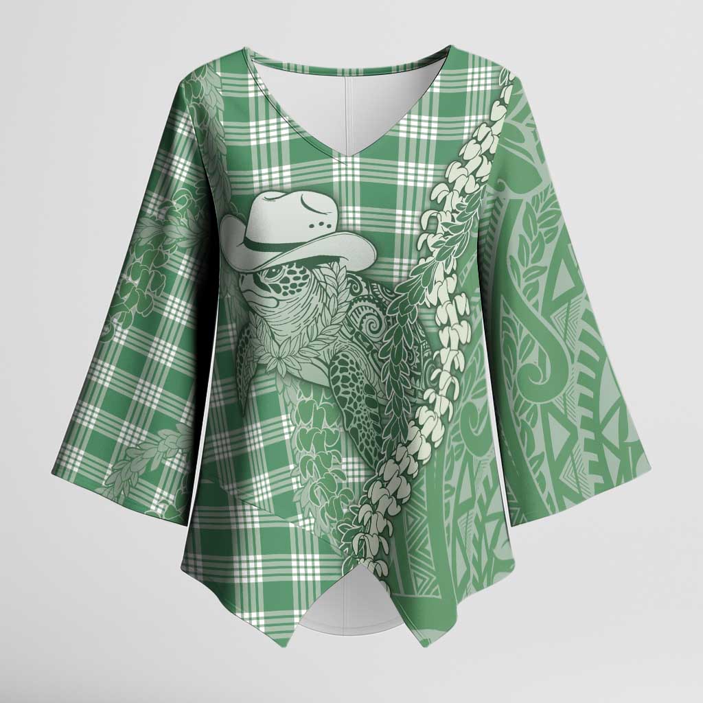 Green Hawaii Palaka Cowboy Turtle Kimono Sleeve Blouse Hawaiian Paniolo Puakenikeni Maile Lei - Polynesian Pride