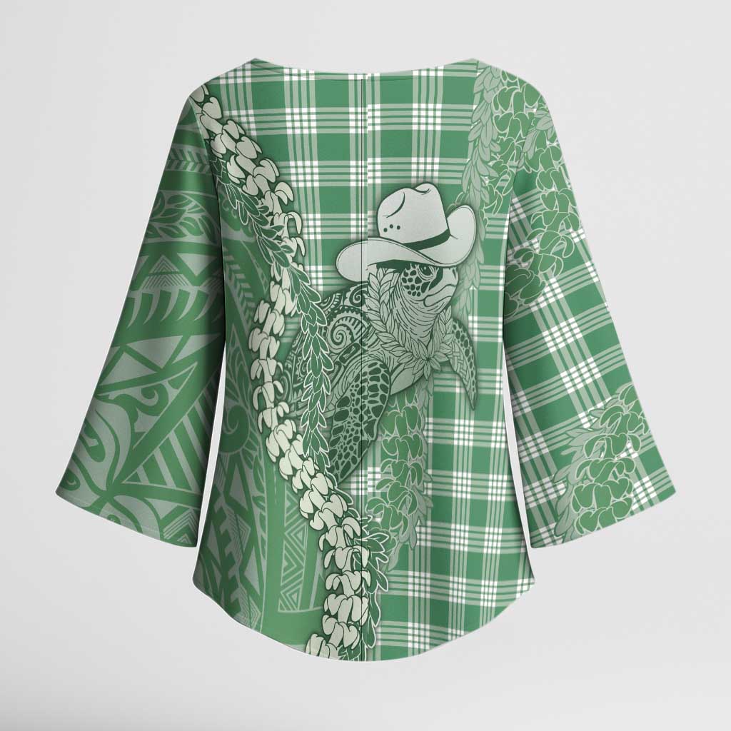 Green Hawaii Palaka Cowboy Turtle Kimono Sleeve Blouse Hawaiian Paniolo Puakenikeni Maile Lei - Polynesian Pride