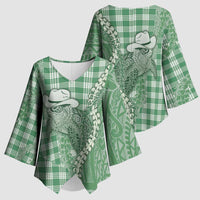 Green Hawaii Palaka Cowboy Turtle Kimono Sleeve Blouse Hawaiian Paniolo Puakenikeni Maile Lei - Polynesian Pride