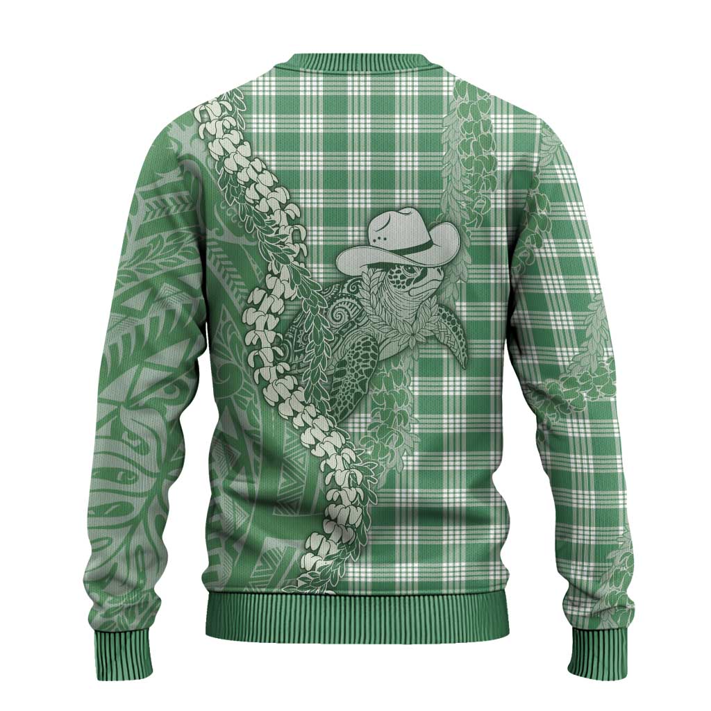 Green Hawaii Palaka Cowboy Turtle Ugly Christmas Sweater Hawaiian Paniolo Puakenikeni Maile Lei - Polynesian Pride
