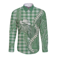 Green Hawaii Palaka Cowboy Turtle Long Sleeve Button Shirt Hawaiian Paniolo Puakenikeni Maile Lei - Polynesian Pride