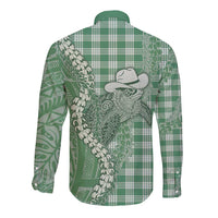 Green Hawaii Palaka Cowboy Turtle Long Sleeve Button Shirt Hawaiian Paniolo Puakenikeni Maile Lei - Polynesian Pride