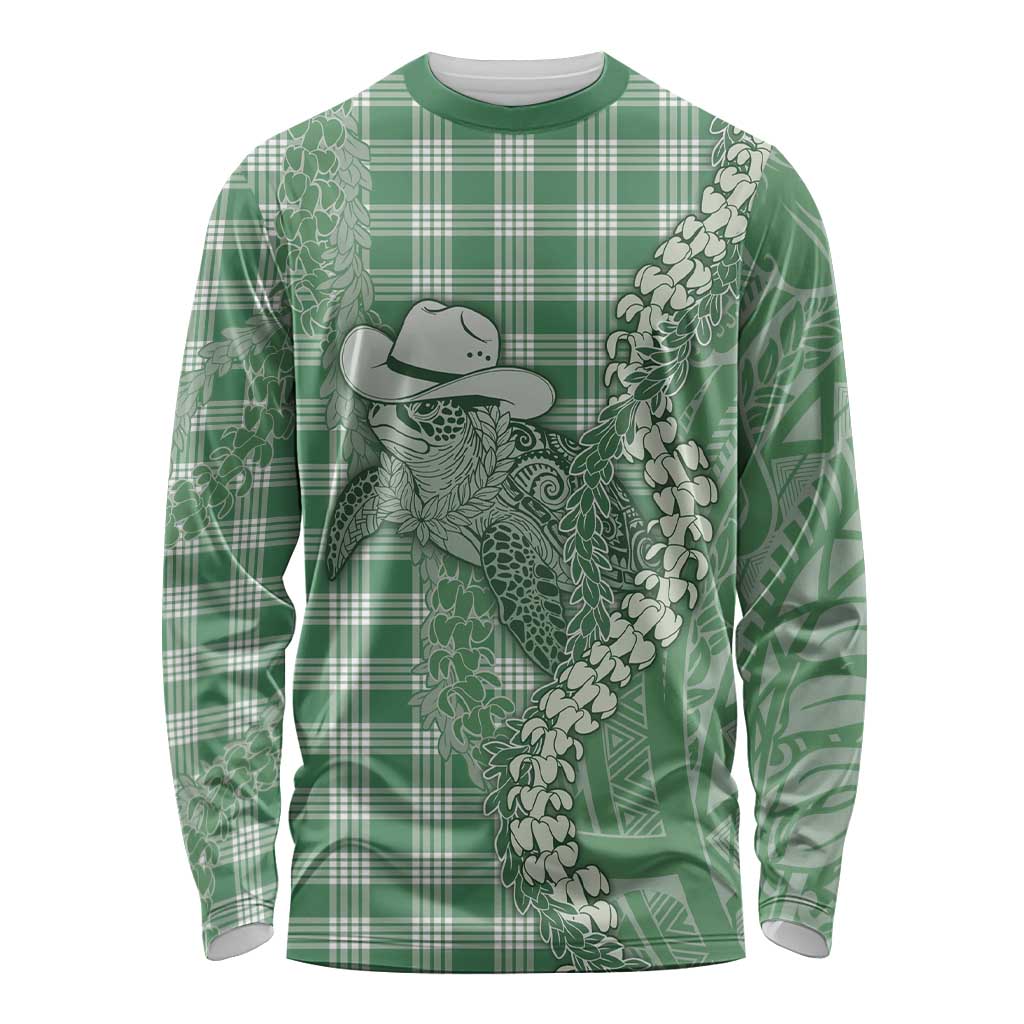 Green Hawaii Palaka Cowboy Turtle Long Sleeve Shirt Hawaiian Paniolo Puakenikeni Maile Lei - Polynesian Pride