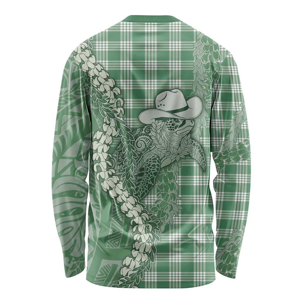 Green Hawaii Palaka Cowboy Turtle Long Sleeve Shirt Hawaiian Paniolo Puakenikeni Maile Lei - Polynesian Pride