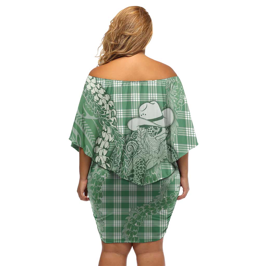 Green Hawaii Palaka Cowboy Turtle Off Shoulder Short Dress Hawaiian Paniolo Puakenikeni Maile Lei - Polynesian Pride