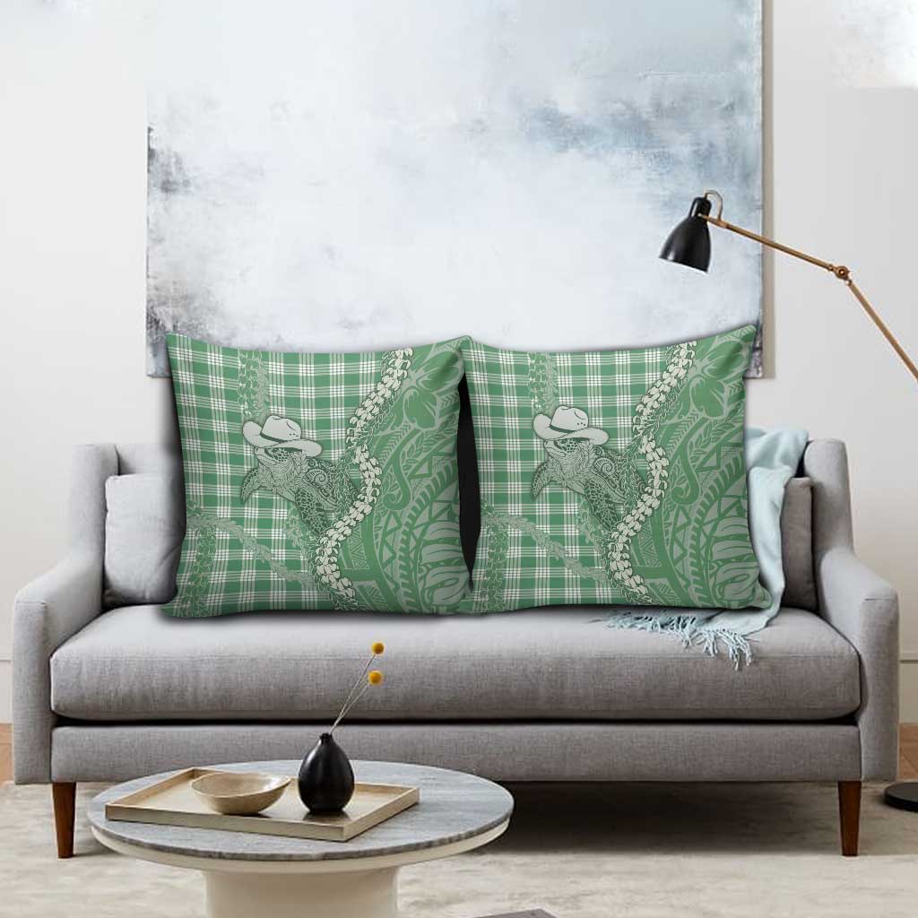 Green Hawaii Palaka Cowboy Turtle Pillow Cover Hawaiian Paniolo Puakenikeni Maile Lei - Polynesian Pride