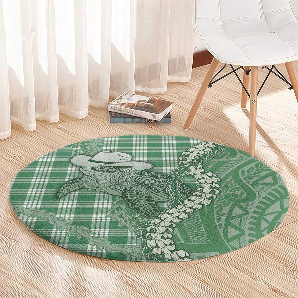 Green Hawaii Palaka Cowboy Turtle Round Carpet Hawaiian Paniolo Puakenikeni Maile Lei - Polynesian Pride