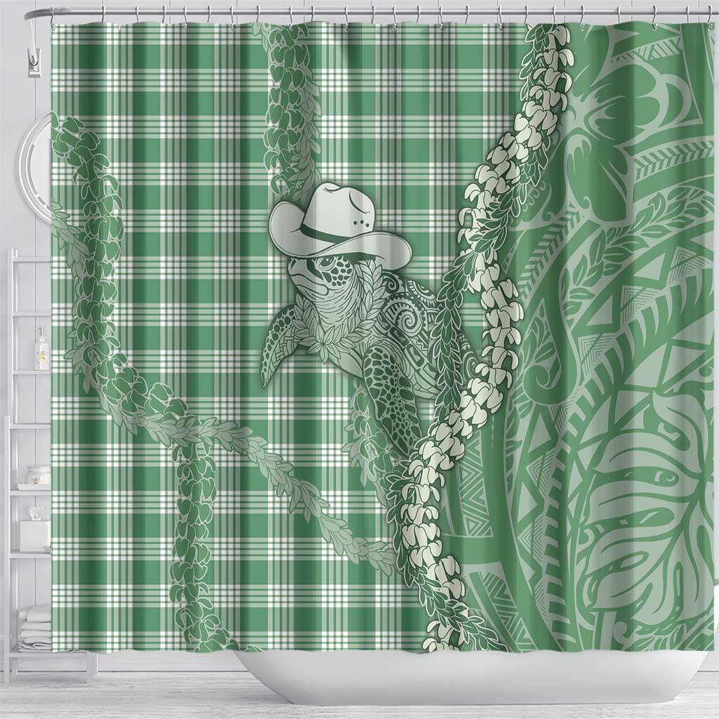 Green Hawaii Palaka Cowboy Turtle Shower Curtain Hawaiian Paniolo Puakenikeni Maile Lei - Polynesian Pride