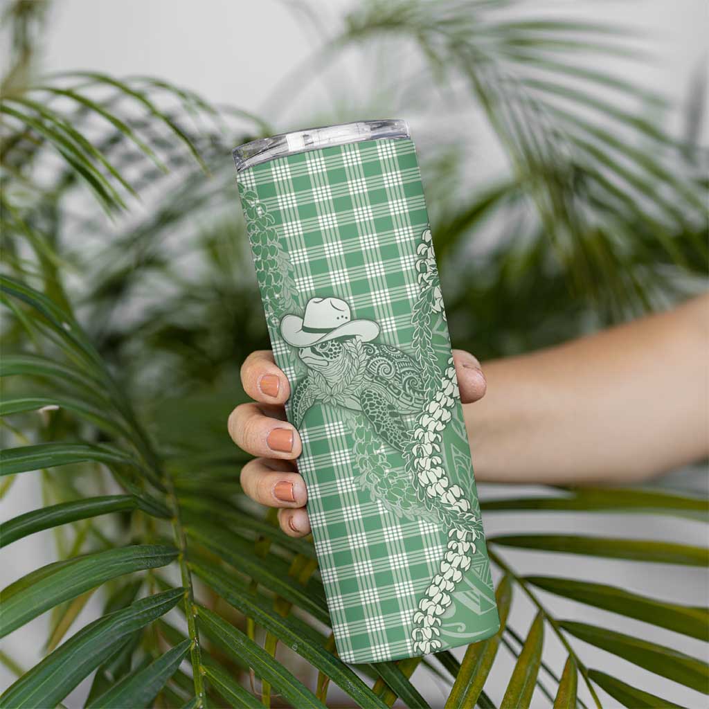 Green Hawaii Palaka Cowboy Turtle Skinny Tumbler Hawaiian Paniolo Puakenikeni Maile Lei - Polynesian Pride