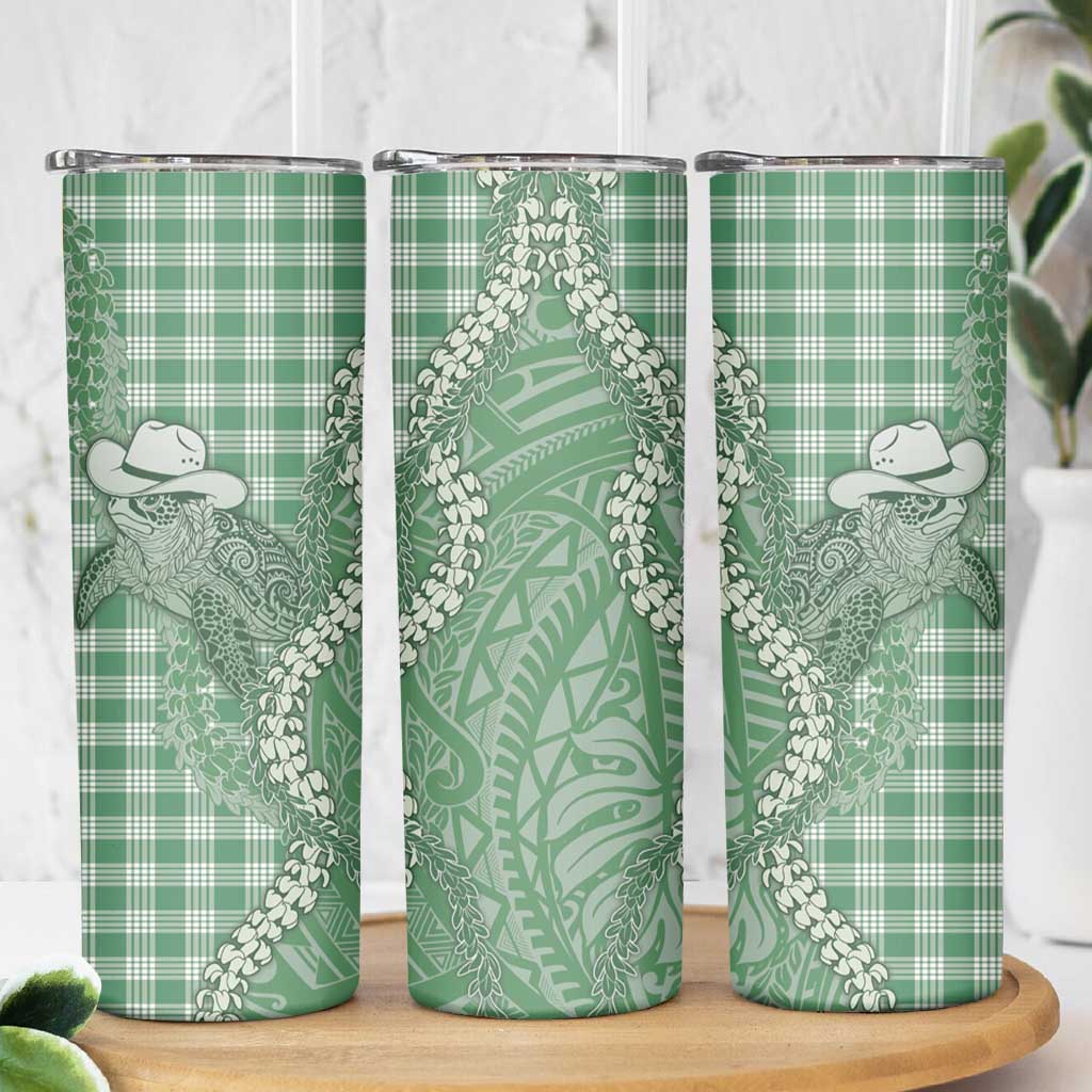 Green Hawaii Palaka Cowboy Turtle Skinny Tumbler Hawaiian Paniolo Puakenikeni Maile Lei - Polynesian Pride