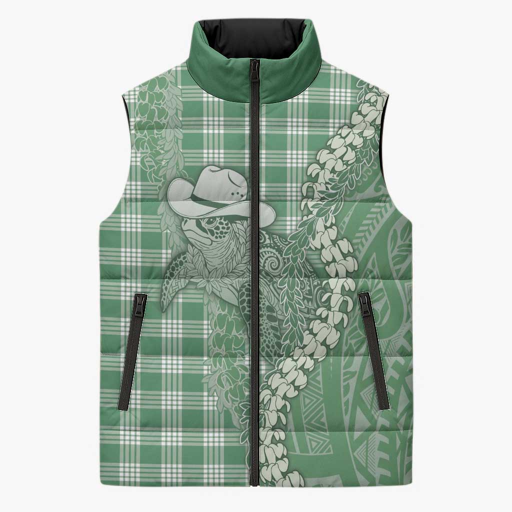 Green Hawaii Palaka Cowboy Turtle Sleeveless Puffer Jacket Hawaiian Paniolo Puakenikeni Maile Lei - Polynesian Pride
