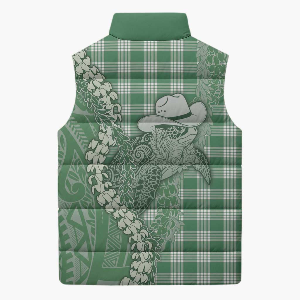 Green Hawaii Palaka Cowboy Turtle Sleeveless Puffer Jacket Hawaiian Paniolo Puakenikeni Maile Lei - Polynesian Pride
