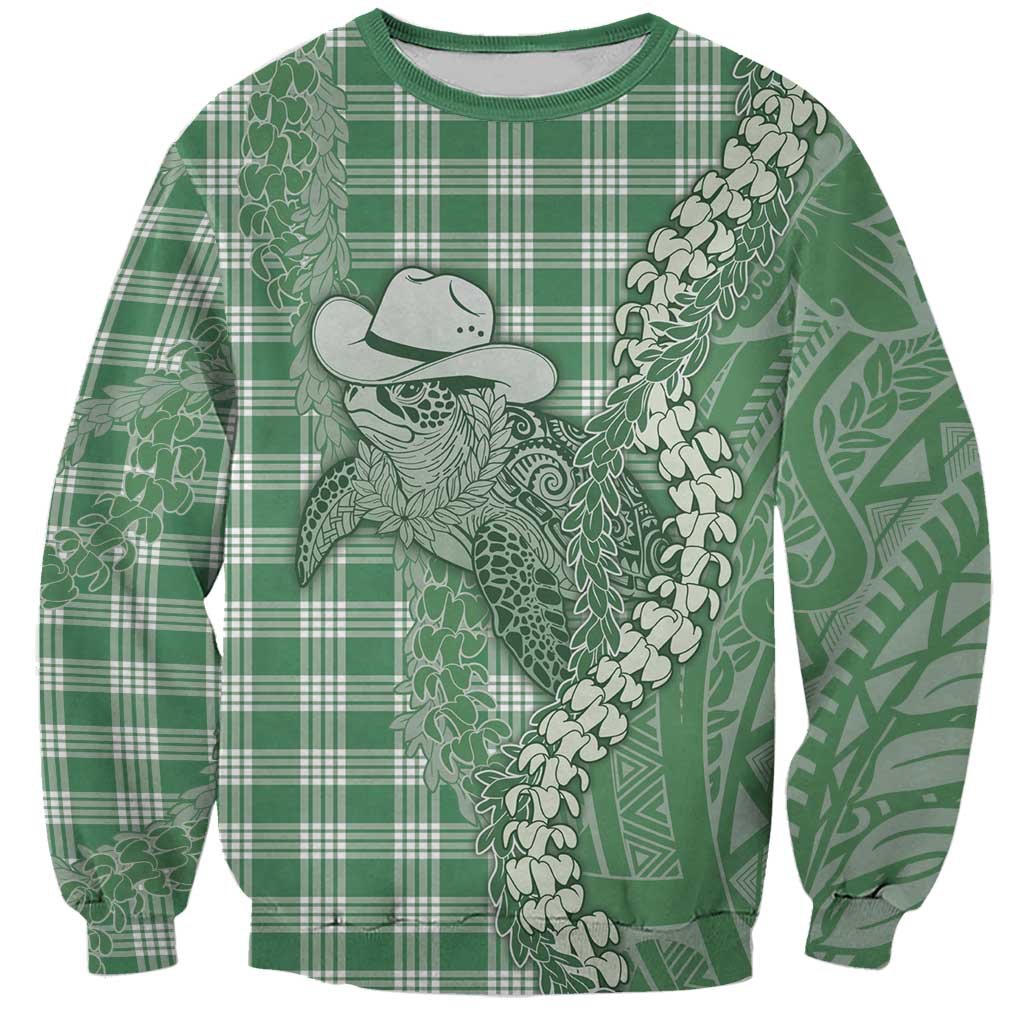 Green Hawaii Palaka Cowboy Turtle Sweatshirt Hawaiian Paniolo Puakenikeni Maile Lei - Polynesian Pride