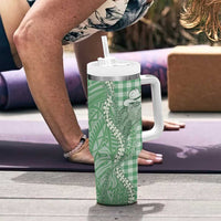 Green Hawaii Palaka Cowboy Turtle Tumbler With Handle Hawaiian Paniolo Puakenikeni Maile Lei - Polynesian Pride