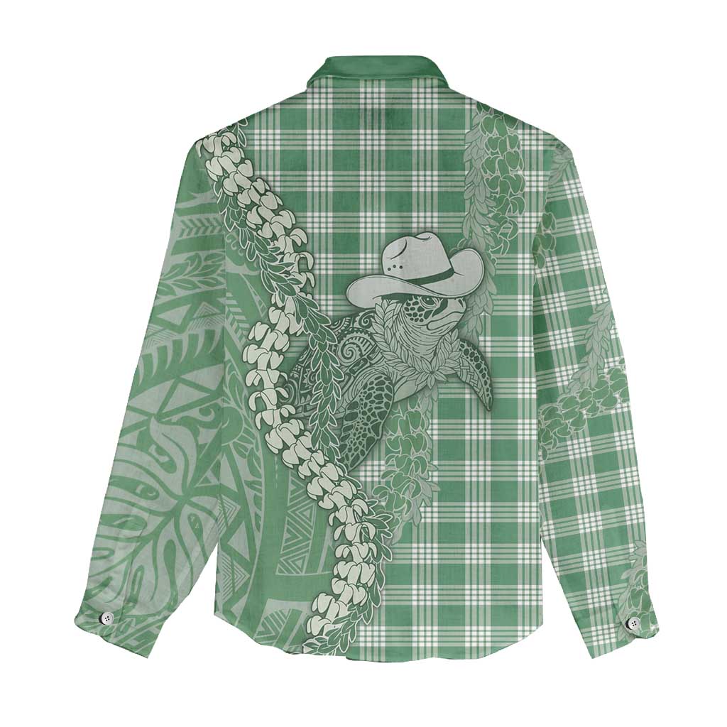 Green Hawaii Palaka Cowboy Turtle Women Casual Shirt Hawaiian Paniolo Puakenikeni Maile Lei - Polynesian Pride