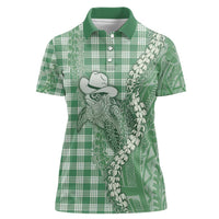 Green Hawaii Palaka Cowboy Turtle Women Polo Shirt Hawaiian Paniolo Puakenikeni Maile Lei - Polynesian Pride