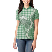 Green Hawaii Palaka Cowboy Turtle Women Polo Shirt Hawaiian Paniolo Puakenikeni Maile Lei - Polynesian Pride